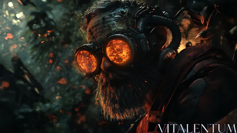 Cybernetic scout with incendiary goggles in dense jungle