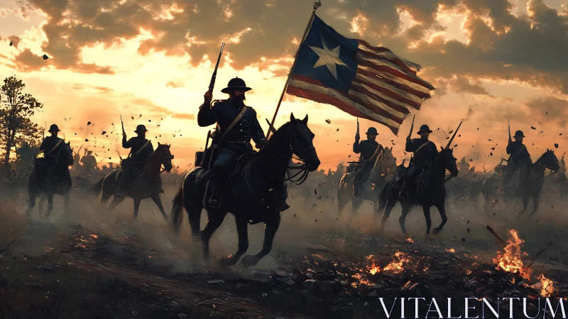 Cavalry soldiers ride through burning battlefield at sunset