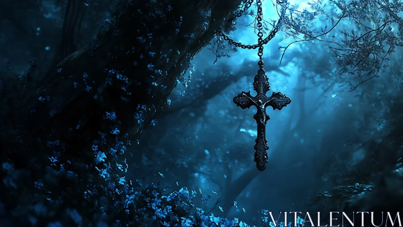 Ornate metal cross pendant hangs in moonlit blue forest night
