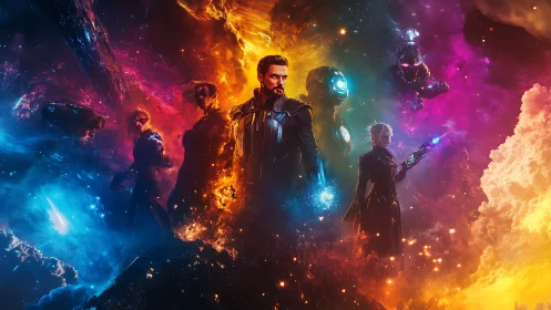 Futuristic space heroes stand in vivid cosmic nebula.