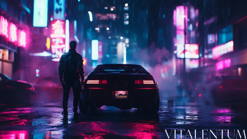 Individual and car occupy neon‑lit wet urban street at night
