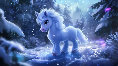 Snowy blue pony explores a sparkling winter forest dream