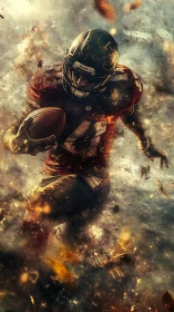 American football player runs forward through abstract debris