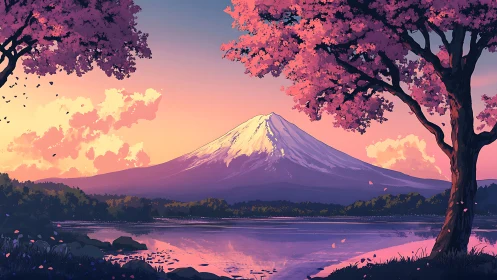 Volcanic summit framed by chromatic sakura at sunset.