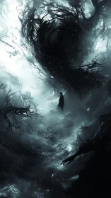 Sorcerer commands swirling void within storm-torn sky.