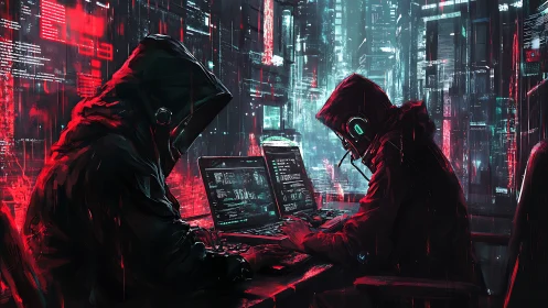 Cyberpunk hackers breach neon city grid in virtual crossfire.