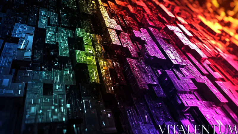 Futuristic 3D Cityscape in Vivid Rainbow Hues, Abstract Style.