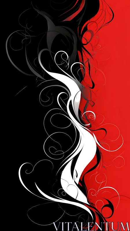 Digital vector scrollwork on red black split ground.