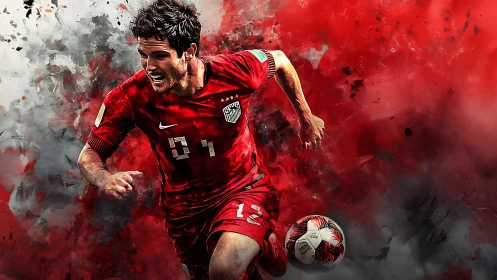 Dynamic digital painting of sprinting soccer midfielder in red kit.