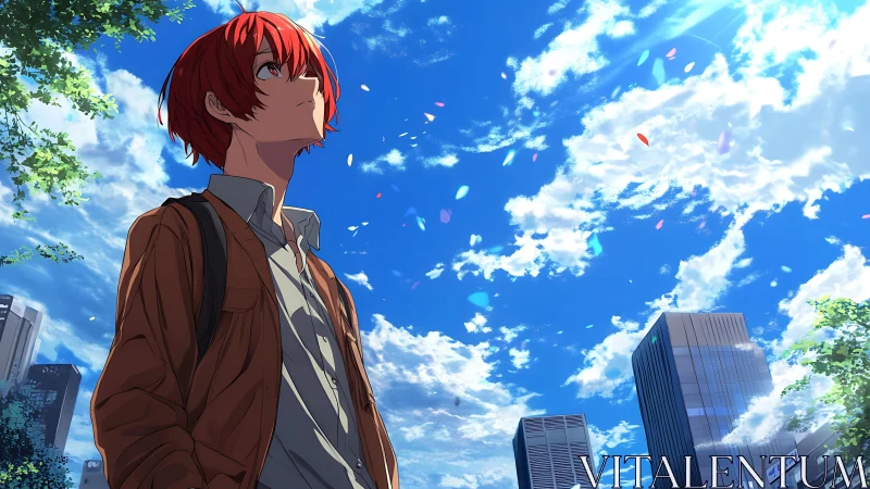 Red haired student under vivid urban summer sky.