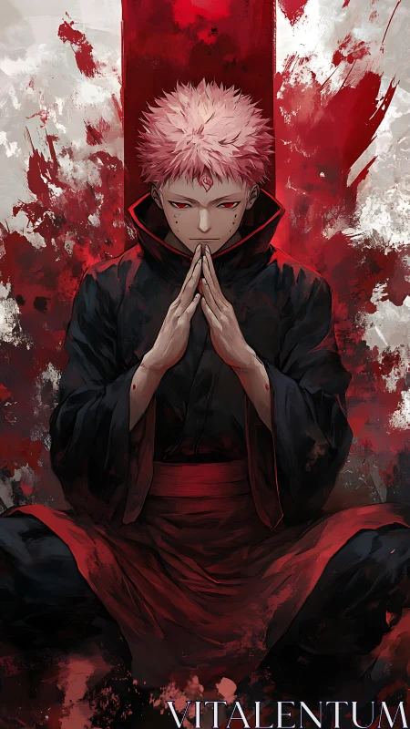 Crimson-robed warrior in intense meditative focus portrait.