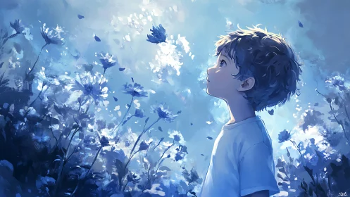 Boy observing blue flowers in softly lit digital field.