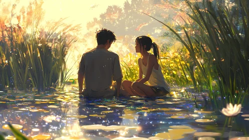 Two figures in glowing water surrounded by luminous aquatic plants.
