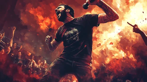 Rock vocalist screams into microphone amid fiery crowd