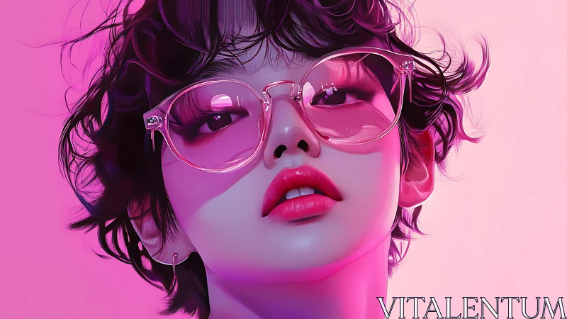 Digital portrait with pink neon glasses and glossy lips.