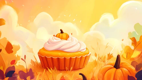 Pumpkin Spice Cupcake in Autumn Landscape Illustration.