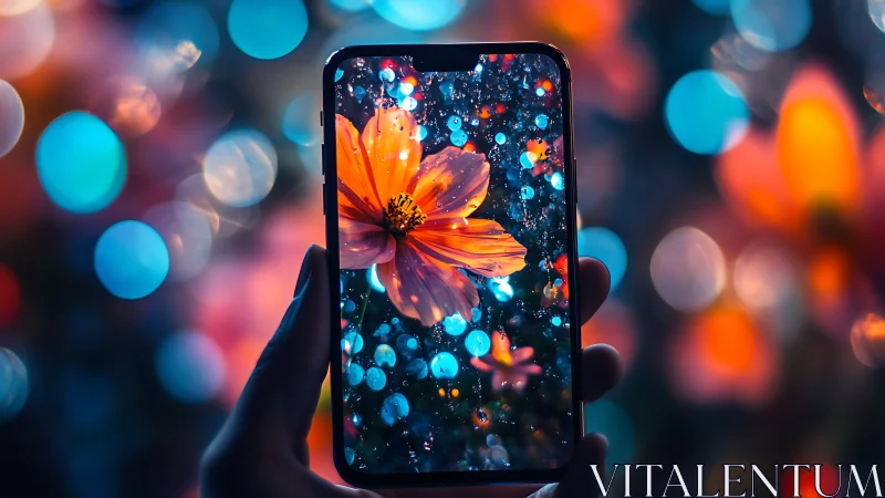 Neon macro florals refracted through smartphone bokeh frame.