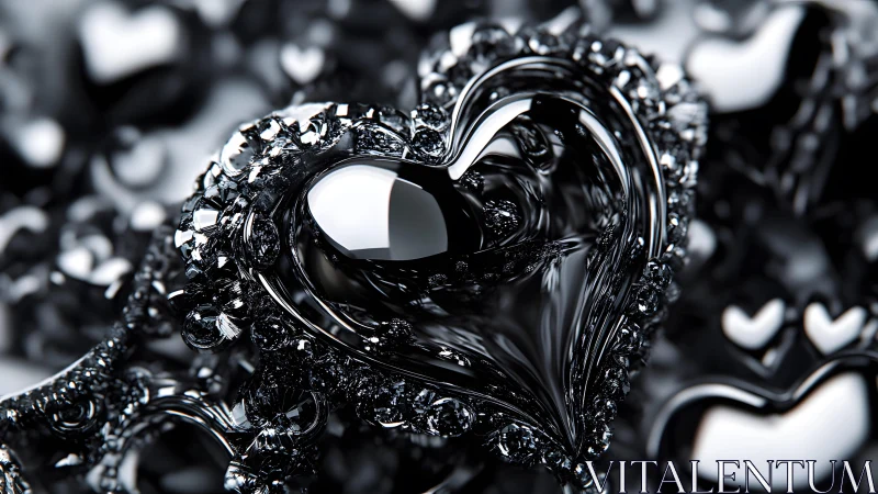 Shiny Black Crystal Heart Surrounded by Gemstones, Abstract Art.