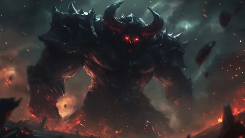 Armored horned giant with glowing eyes stands amid fire