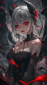 Demonic anime temptress stands amid swirling bloodlit shadows