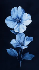 Blue Botanical Study: Dual-Flower Stem Against Dark Ground.
