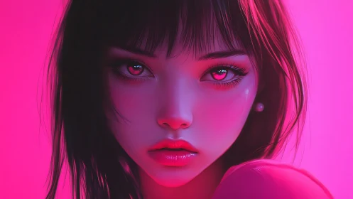Neon-lit digital portrait captures intense, wistful gaze.