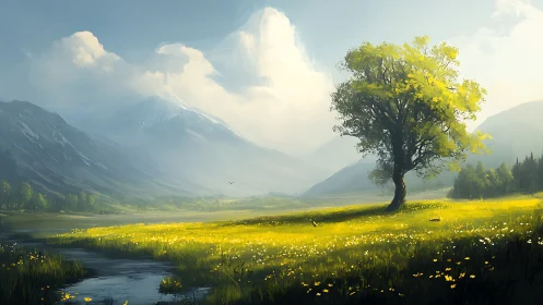 Digital painting landscape with solitary tree and sunlit meadow.