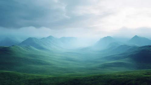 Mist-veiled emerald valley with layered mountain silhouettes.