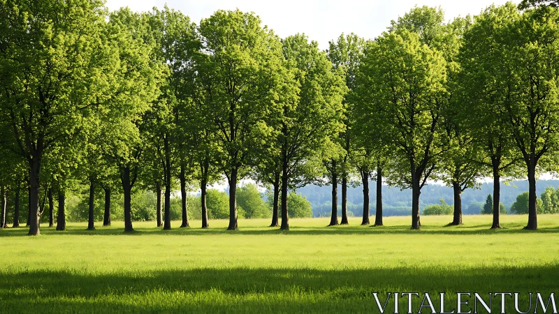 Sunlit green trees gently lining a peaceful open meadow