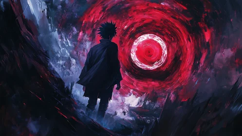 Silhouetted wanderer facing concentric crimson vortex portal