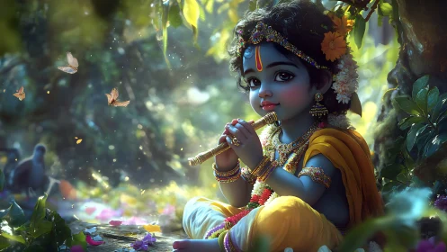 Divine child with flute in lush forest clearing at sunset.