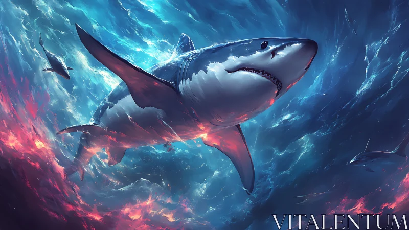 Digital shark vortex under neon ocean lightstorm.