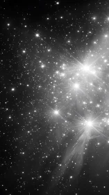Monochrome star field with bright clustered light sources.