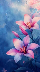 Pink lilies with coral stamens floating on misty blue gradient