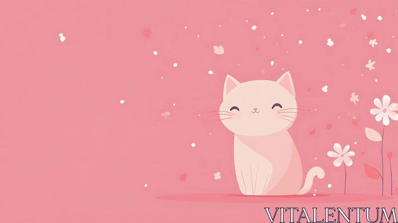 Adorable Cat Surrounded by Soft Florals Against Pink.