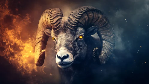 Fiery bighorn ram portrait with dual fire and smoke backdrop