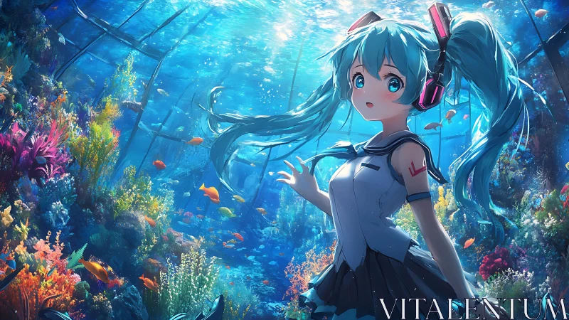 Cel-shaded aqua-haired girl explores luminous underwater reef scene