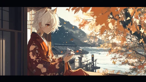 Fox-eared youth in kimono studies river pier under autumn light
