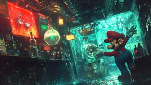 Mario-like character in neon lit bar with glass spheres.