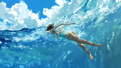 Swimmer in dynamic underwater perspective with painterly waves