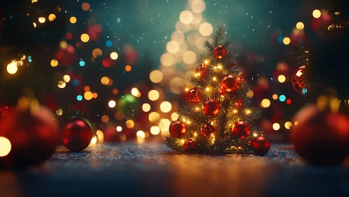 Glowing miniature Christmas tree sparkles in warm holiday light