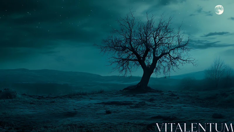 Solitary leafless tree on open field under moonlit sky.