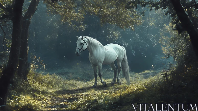 White horse in misty woodland path under dappled light.