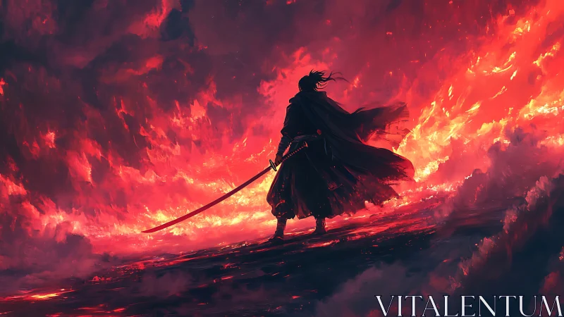 Lone samurai confronts a blazing inferno beneath burning skies.