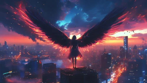 Winged silhouette above neon city at dramatic sunset.