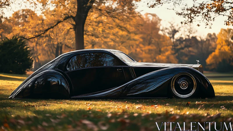 Midnight coupe glides low through autumn’s golden hush