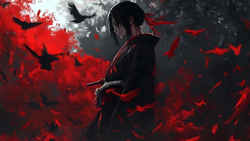 Solitary katana wielder amid turbulent red avian vectors.