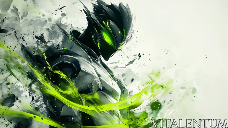Neon cybernetic warrior in dynamic green energy burst.