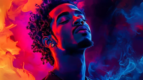 Digital painting portrait with dual-toned fire and smoke aura.