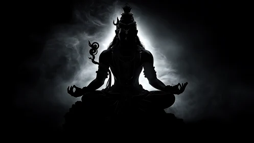 Serene shadowed deity in meditation amid swirling light.